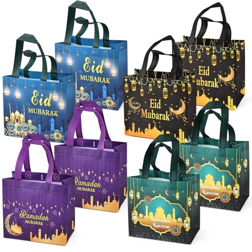 PARSUP 8PCS Eid Mubarak Reusable Gift Bags, Treat Bags with Handles, Ramadan Mubarak Party Bags, Multifunctional Non-Woven Eid Bags for Gifts Wrapping, Ramadan Kareem Party Supplies, 9.2"×8.7"×4.3"