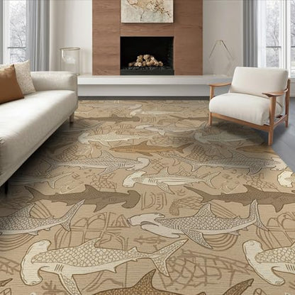 6'x9' Washable Graphic Shark Area Rug, Tan Non-Shedding Pet Friendly Room Rug Foldable Easy Care Carpet for Queen Size Bedroom, Under Bed, Master Suite | Ref:2067660 - color: Beige/Pattern 18, size: 6' x 9' (Rectangular)