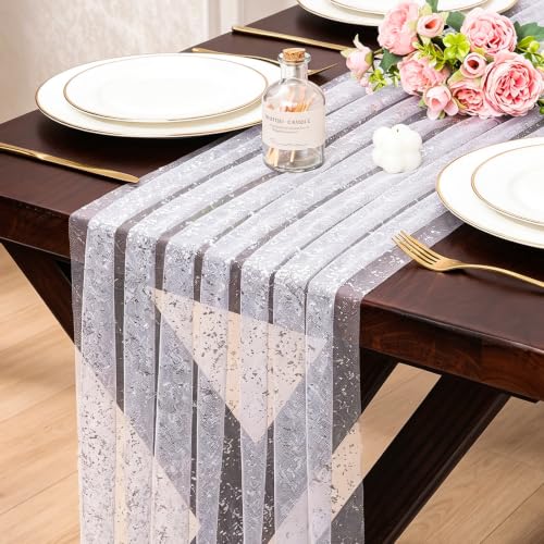 10 Ft White Silver Gauze Table Runner 120 Inch Glitter Metallic Foil Sheer Tulle Cheesecloth Table Runner Sequin Bridal Wedding Birthday Anniversary Christmas Dining Home Decor for Party - color: White Silver, size: 10 ft × 1 pc