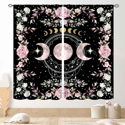 Floral Moon Curtains for Bedroom, Gothic Witchy Pink Rose Flower Moon Phase Mysterious Aesthetic Spring Botanical Plants Art Printed Blackout Kitchen Living Room Window Curtains 2 Panels, 42"x45" Inch - color: Moonlit-05, size: 21"W x 45"L (Pack of 2)
