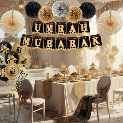Umrah Mubarak Decorations Party Banner - Black Gold Mubarak Balloons Paper Pom Poms and Cake Topper, Hajj Mubarak Islamic Festival Decor Supplies