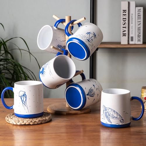 AmorArc Large Coffee Mugs Set of 6, 18oz Ceramic Coffee Cups with Sea Life Textured Patterns for Tea Latte Cocoa. Easy to Hold&Clean, Dishwasher&Microwave Safe, Matt White - color: Matte White