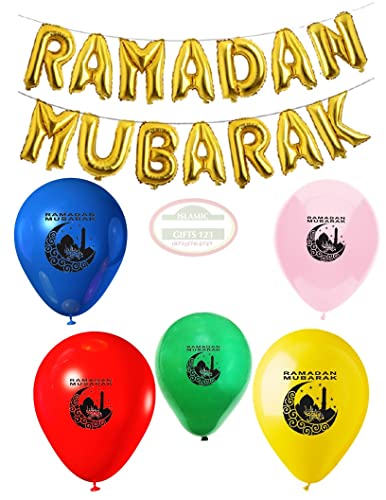 Ramadan Balloons[11 Pcs] Gold Foil Balloon Set Ramadan Mubarak Wall Decoration Ramdan Favors DIY Eid Decor Islamic Gifts 123 (Gold Banner Set) - color: Gold Banner Set