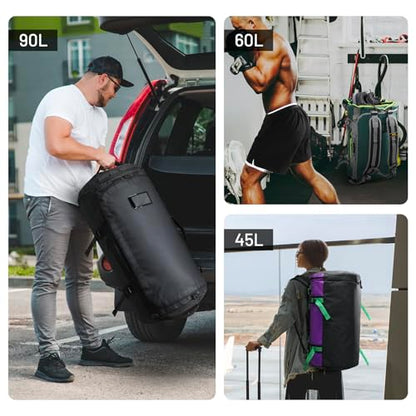 MIER 여행용 캠핑 체육관 스포츠용 대형 더플 백 백팩, 45L/60L/90L | 방수, 컨버터블 더플, 탈착식 백팩 스트랩, 신발 수납 공간, 튼튼한 타폴린, 3가지 사이즈 - color: 초록색., size: 90L