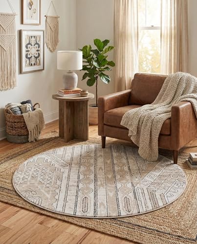 Rugs.com - Oregon Rug – 3 Ft Round Ivory Easy-Clean Rug – Tribal Accents for Entryways, Bedrooms, and Small Spaces - color: Ivory, size: 3' (Round)