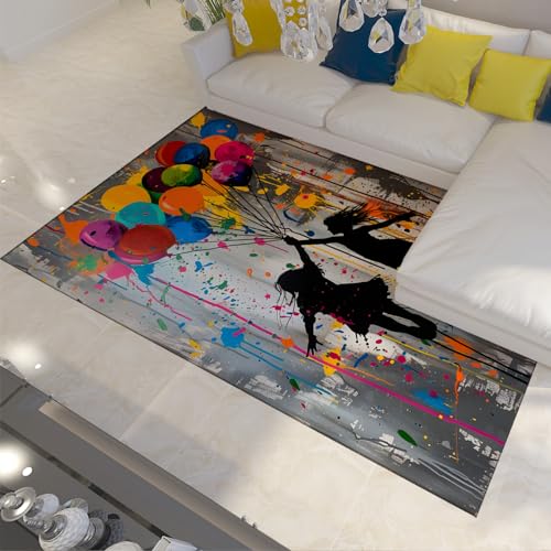Colorful Graffiti Machine Washable Rug 2'x4' - Girl with Balloons Non Slip Living Room Carpet Street Art Rug for Office Dining Room - size: 2'x4'