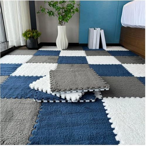 FYYSJW 10 Piece Plush Patchwork Foam Floor Mat, Soft Interlocking Floor Carpet Squares, Fluffy Puzzle Area Rug, 12 X 12 Inch,Navy Blue+Grey+White - color: Navy Blue+grey+white
