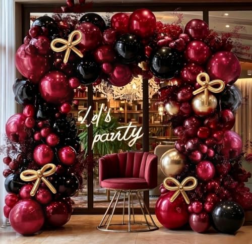 Burgundy Black Gold Balloon Arch Double Stuffed Dark Red Burgundy Black Maroon Wine Red Balloon Garland Kit Long Balloons for Birthday Wedding Bridal Graduation Engagement Anniversary Party Decor - color: Red Black Gold