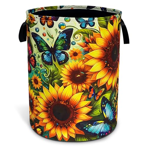 Butterfly Sunflower Laundry Basket Foldable Oxford Cloth 18.9 x 16.5 Inch - color: Beautiful Butterfly Sunflower