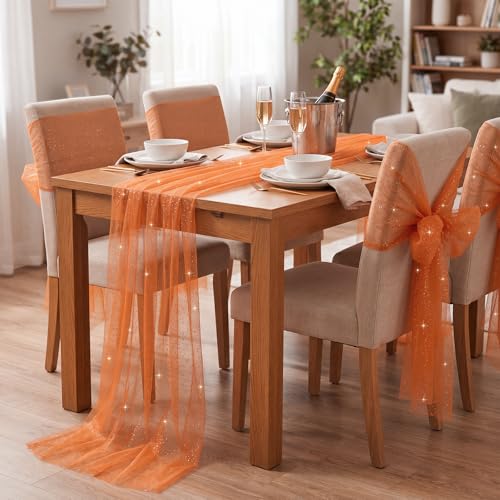 1pc Fall/Halloween Table Runner 10 ft Orange Metallic Foil Sheer - color: Orange