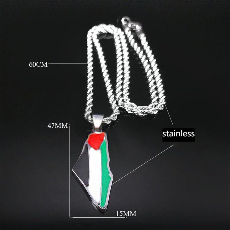 Palestine Map Pendant Necklace, Stainless Steel Chain, Multicolor，Peace Pendant - color: Silvery