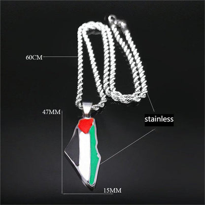 Palestine Map Pendant Necklace, Stainless Steel Chain, Multicolor，Peace Pendant - color: Silvery