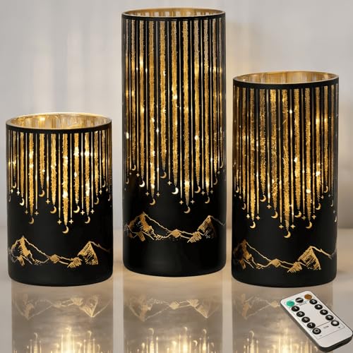 Starry Night Elegant Hurricane Candleholders with LED Flickering Lights & Remote Timer, Decorative Glass Hurricanes for Indoor Table Centerpieces & Year-Round Home Decor, Set of 3 (Black) - color: Black