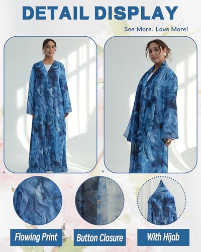 Modest Cardigan Set Women Muslim Dress with Soft Hijab Scarf Islamic Outfits Open Abaya For Eid, Ramadan, Umrah, Hajj - color: Blue, size: S(52)