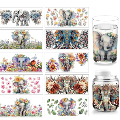 arricraft 10 Sheets UV DTF Cup Wrap Transfer Stickers, 9.45x4.33 Inchs Watercolor Elephant Elephant Mandala Rub on Transfers Decal for 16OZ Glass Cups Furniture Craft Wood DIY Crafts - style: Watercolor Elephant
