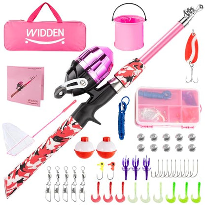 WIDDEN Kids Fishing Pole, Portable Telescopic Kids Fishing Poles for Boys and Girls, Fishing Rod and Reel Combo Kit with Tackle Box, and Fishing Net, Best Fishing Pole for Toddler Youth - color: PINK