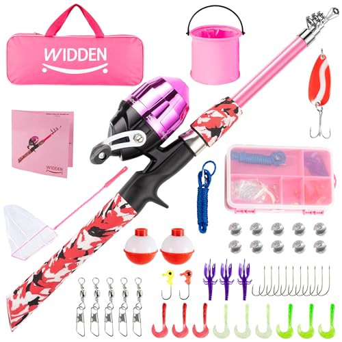 WIDDEN Kids Fishing Pole, Portable Telescopic Kids Fishing Poles for Boys and Girls, Fishing Rod and Reel Combo Kit with Tackle Box, and Fishing Net, Best Fishing Pole for Toddler Youth - color: PINK