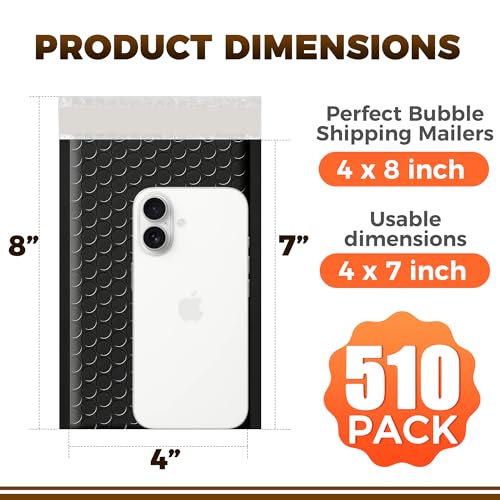 510-Pack Bubble Mailer 4'' x 8'' - Self-Sealing Waterproof Small Mailing Envelopes Padded Lightweight Shipping Bags for Accessories, Small Parts, Jewelry, Trading Cards, Compact Items 4x7 Usable Space - color: Black - 510 Pack