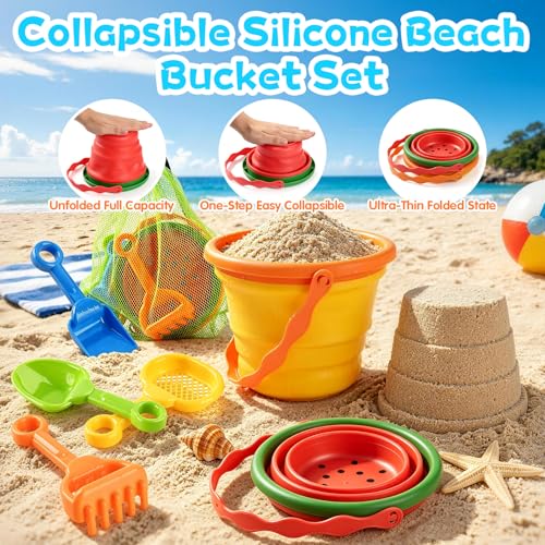 Collapsible Beach Toys for Kids, 2 Packs Foldable Silicone Sand Buckets Set with 4 Packs Sand shovels and Mesh Bag, Travel Beach Essentials for Sandbox, Pool, Camping,Fishing, Summer Party Favors - color: Red-yellow