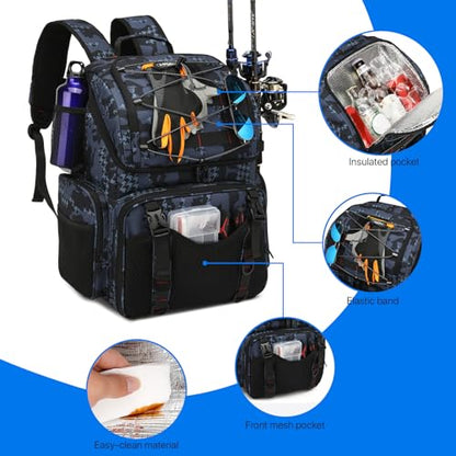 Fishing Backpack, 45L Large Cooler Fishing Tackle bag with Rod Holders & Rain Cover, Water-resistant Store Fishing Gear - color: Black Camo