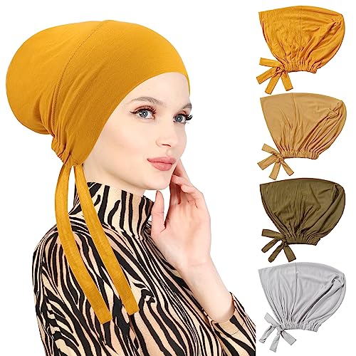 PHOGARY 4 Pcs Women Hijab Undercap, Islamic Muslim Under Hijab Cap Inner Under Scarf Hat Turban with Tie Back Closure - color: Turmeric, Earthy Yellow, Olive Green, Light Gray
