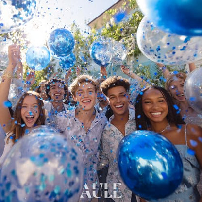 AULE Party Balloons Pack of 42 - Metallic Blue Balloons and Blue Confetti Balloons With 64ft Ribbons 12 Inch Chrome Latex Helium Balloon Decoration Set - color: Blue