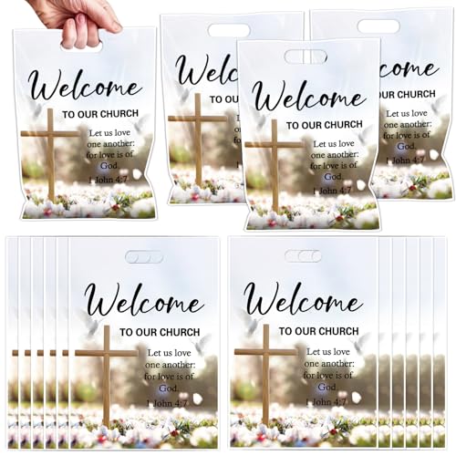 Falueqg Church Welcome Party Favor Bags - 50 Pcs Welcome to Our Church Goodie Candy Treat Bags Religious Christian Party Favors for Birthday Christmas Sunday School Baptism Guest Decorations - color: Church Welcome