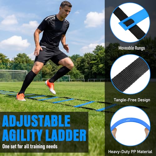 Agility Ladder, Soccer Football Training Equipment Set - 20ft Speed Ladder, 4 Hurdles,Parachute, 12 Cones & Jump Rope | Agility & Speed Training for Kids Youth Adults,Basketball & Football Accessories - color: Blue