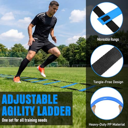 Agility Ladder, Soccer Football Training Equipment Set - 20ft Speed Ladder, 4 Hurdles,Parachute, 12 Cones & Jump Rope | Agility & Speed Training for Kids Youth Adults,Basketball & Football Accessories - color: Blue