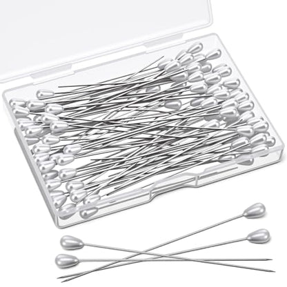 100PCS Corsage Pins, 3 Inch Long Teardrop Pearl Head Pins, Boutonniere Pin Straight Head for Sewing DIY Craft Decoration, Wedding, Jewelry Flower Decoration Pinning Quilt