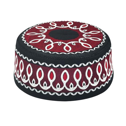 RUIXIA Men Boys Muslim Prayer Kufi Hat Skull Cap Embroidery Islam Kufi Headware takke Praying Beanie Hat Kofia Topi Hat - color: Wine Red--kids 7-10yrs