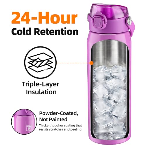 Fanhaw 24 oz Insulated Stainless Steel Water Bottle with 2-in-1 Straw& Chug Lid, Leakproof Wide Mouth Vacuum Bottle for School, Sports, Kids, Teens& Adults, Back to School Essentials (Purple) - color: Purple