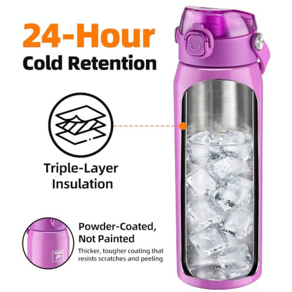 Fanhaw 24 oz Insulated Stainless Steel Water Bottle with 2-in-1 Straw& Chug Lid, Leakproof Wide Mouth Vacuum Bottle for School, Sports, Kids, Teens& Adults, Back to School Essentials (Purple) - color: Purple