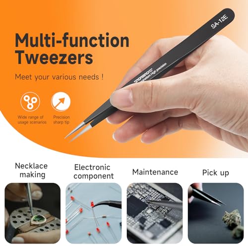 TOWOT Precision Tweezers, Anti-static Stainless Steel Pointed Tweezers for Electronics, Crafts, Soldering, Welding, Experimental Work, and Jewelry Making Industrial Tweezers - style: Super Fine Tip Straight(110mm)