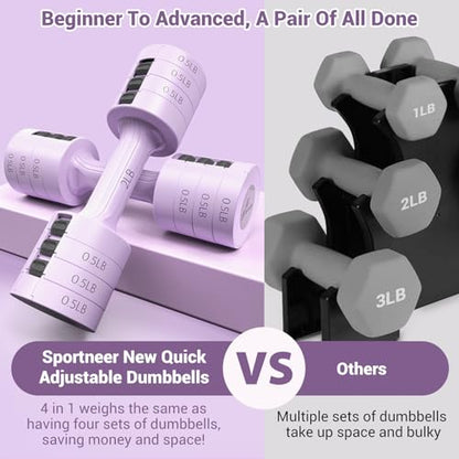 Sportneer Adjustable Dumbbells Hand Weights Set: 5 lb Dumbbell Set of 2 Each 2lb 3lb 4lb 5lb Free Weights Fast Adjust Weight 4 In 1 Weights Dumbbells Set for Women Men Home Gym Exercise Training - color: Purple