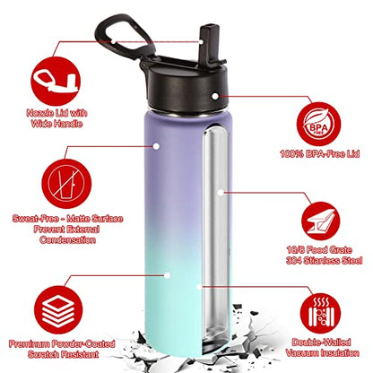 Volhoply Insulated Water Bottles with Straw Bulk 4 Pack, 22 oz Stainless Steel Double Walled Vacuum Travel Water Cups with Wide Mouth, Reusable Cold Water Flask for School Hiking(Purple Blue,4 Set) - color: Purple Blue
