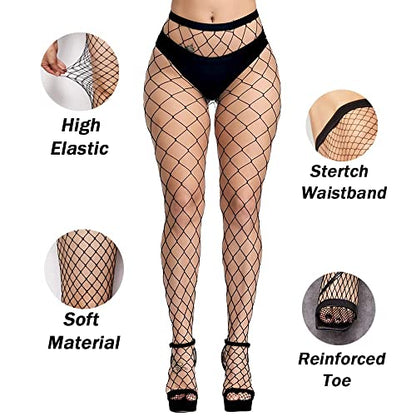E-Laurels Womens High Waist Patterned Fishnet Tights Suspenders Pantyhose Thigh High Stockings Black - color: Black XL Hole
