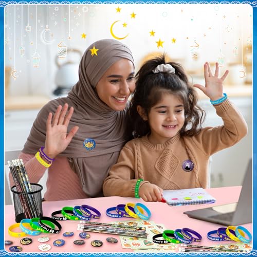 116 Pcs Eid Ramadan Mubarak Gifts Ramadan Stationery Include 36 Ramadan Pencils 36 Wristbands 36 Badges 8 Stickers for Eid Mubarak Party Favor Decor Supplies Ramadan Gift