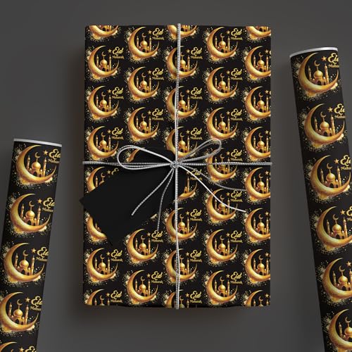 Altarho Eid Wrapping Paper Roll - Black Gold Crescent Moon Mosque Islamic Eid Mubarak Gift Wrap Design for Muslim Festival Holiday Celebration Total 28.5 sq.ft