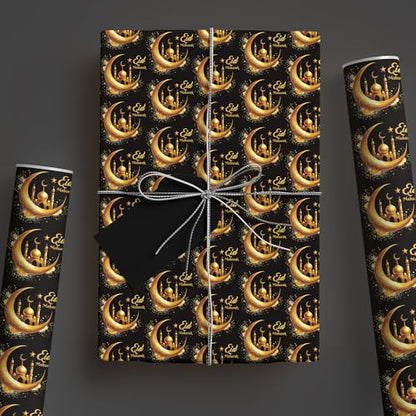 Altarho Eid Wrapping Paper Roll - Black Gold Crescent Moon Mosque Islamic Eid Mubarak Gift Wrap Design for Muslim Festival Holiday Celebration Total 28.5 sq.ft