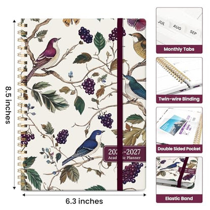 Planner 2026–2027, Academic Monthly Weekly Spiral Calendar, July 2026 – June 2027, Hardcover Agenda Notebook with Tabs, 6.3" x 8.5", Perfect for Students, Teachers, School & Daily Planning - Vineyard Birds - color: K-Vineyard Birds, size: (6.3"x8.5")a5