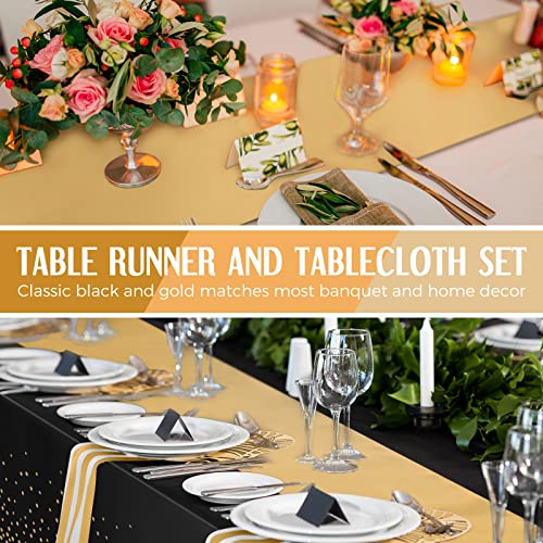 Breling 8 Pack New Year Black and Gold Disposable Plastic Tablecloths and Satin Table Runner Set, 54 x 108 Inch Tablecloth, 12 x 108 Inch Table Runners for Wedding Graduation Birthday Baby Shower - color: Black and Gold