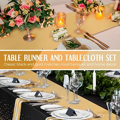 Breling 8 Pack New Year Black and Gold Disposable Plastic Tablecloths and Satin Table Runner Set, 54 x 108 Inch Tablecloth, 12 x 108 Inch Table Runners for Wedding Graduation Birthday Baby Shower - color: Black and Gold