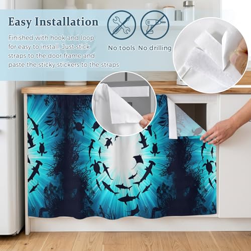 BEMIGO Blue Coastal Cabinet Curtain 28" Wx51 L, Dustproof Storage Cabinet Curtain with Self Adhesive Tape, Nautical Fish Turtle Coral Tall Pantry Cover Drape for Kitchen, Laundry Room, Utility Closet - size: 28"W x 51"L (Pack of 1)