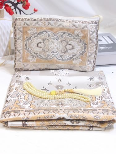 Islamic Travel Prayer mat Mus Portable Prayer Rug Muslim Prayer Mat and Prayer Beads | Janamaz | Sajadah | Soft Islamic Prayer Rugs | Taffeta Fabric 70 * 110 Blue