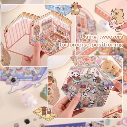 Girls 3D Miniature Scene Stickers, 20 Sets DIY House Stickers, DIY Sticker Scene, Cute 3D Cartoon Sticker Scenes for Adult Kids Relief Stress Pass The Time - style: Multiple Scene