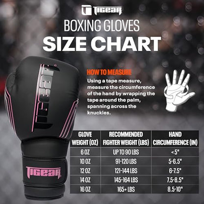 Tigear Surge Pro Boxing Gloves for Men Women & Kids | Engineered Leather Muay Thai Gloves, MMA Gear, Kickboxing Heavy Bag Training and Sparring - color: Black/Pink, size: 12 oz