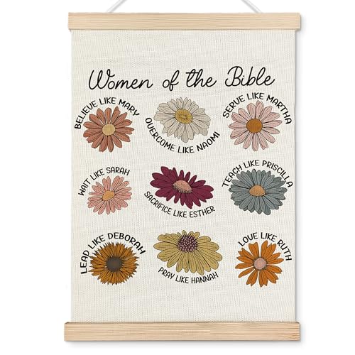 OHDCE Women of the Bible Christian Wall Art, Daisy Floral Positive Affirmation Poster Hanger Frame, Inspirational Scripture Canvas Wall Prints Artwork for Home Living Prayer Room Decor, 12x16 Inch - color: Women of the Bible Christian