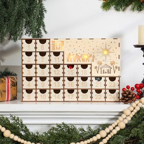 Nuanchu Lighted Christmas Wooden Advent Calendar with 24 Drawers DIY Empty Advent Calendars to Fill Countdown to 2026 Christmas Reusable Nativity Scene Decor Make Your Own Gifts Box for Xmas Adults