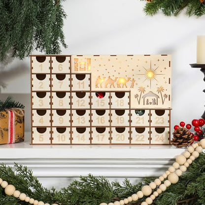 Nuanchu Lighted Christmas Wooden Advent Calendar with 24 Drawers DIY Empty Advent Calendars to Fill Countdown to 2026 Christmas Reusable Nativity Scene Decor Make Your Own Gifts Box for Xmas Adults